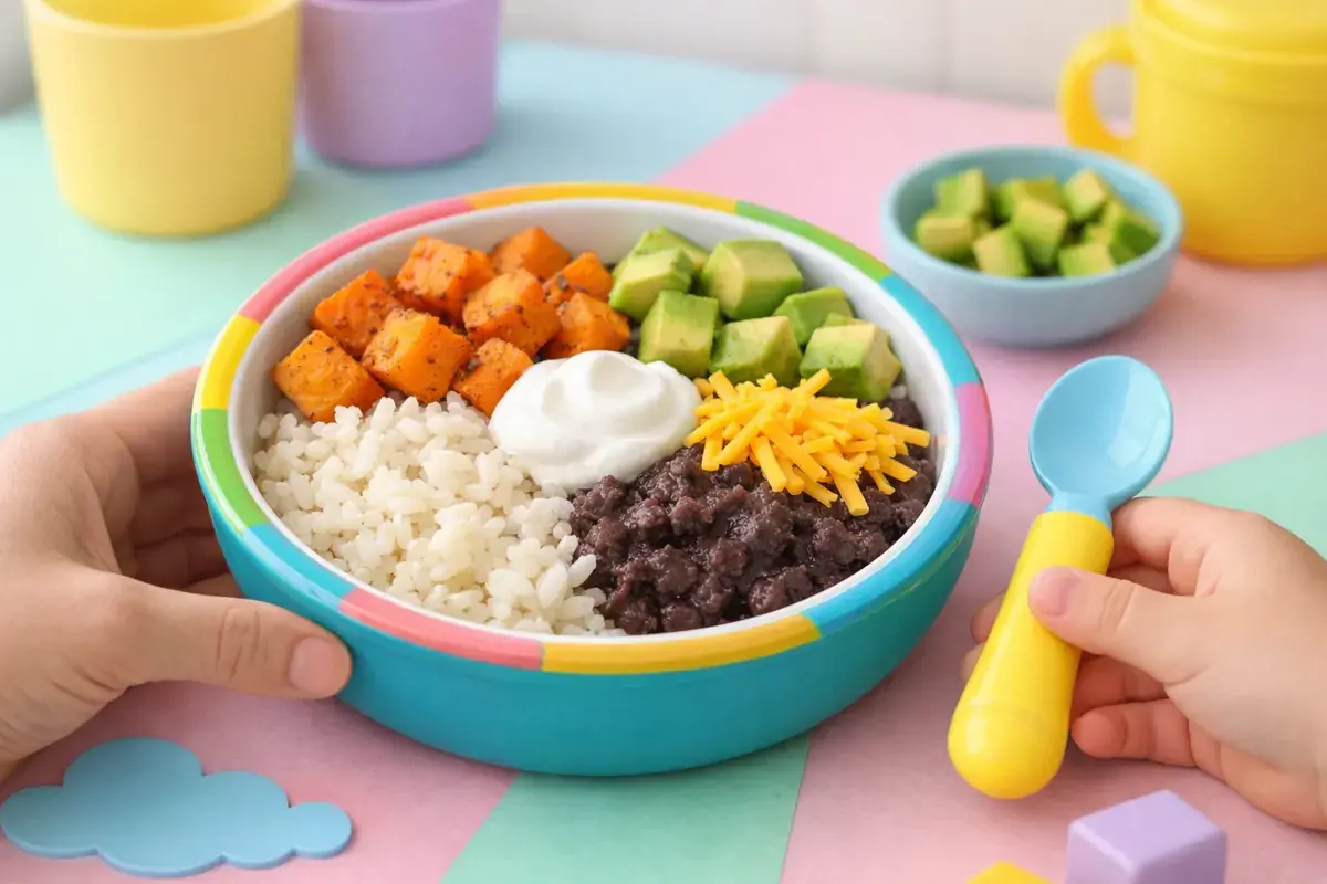 Sweet Potato & Black Bean Taco Bowls served on a toddler plate