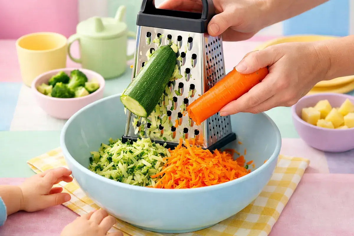 Step 1: A green zucchini and an orange carrot being grated on a box grater into a bowl on a pastel kitchen counter
