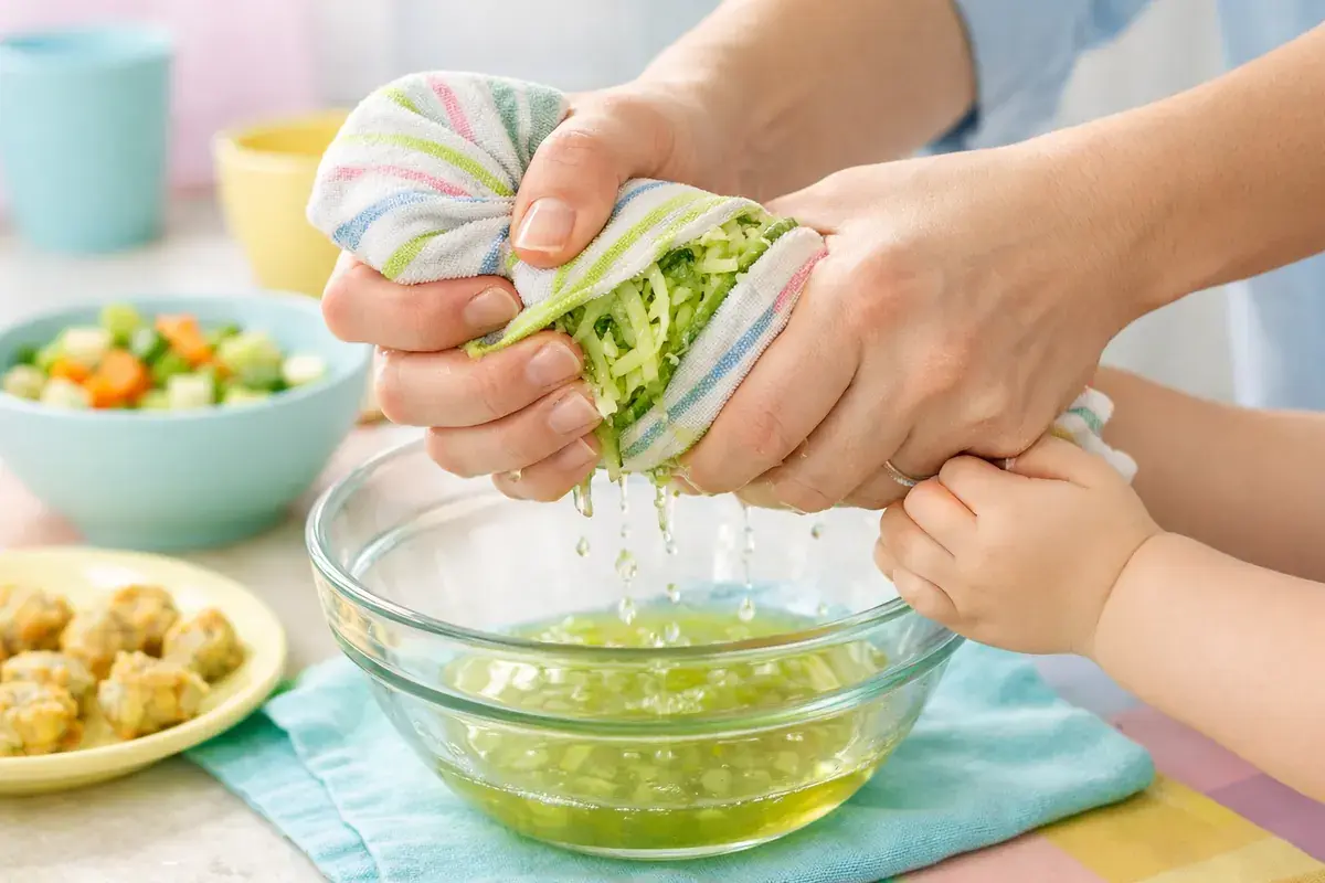 Step 2: Grated zucchini wrapped in a clean striped kitchen towel being squeezed over a bowl to remove water