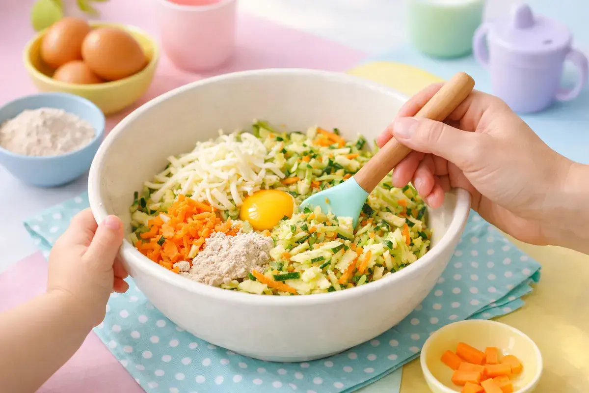 Step 3: Grated zucchini and carrot, an egg, shredded mozzarella and a little whole wheat flour being stirred together in a mixing bowl