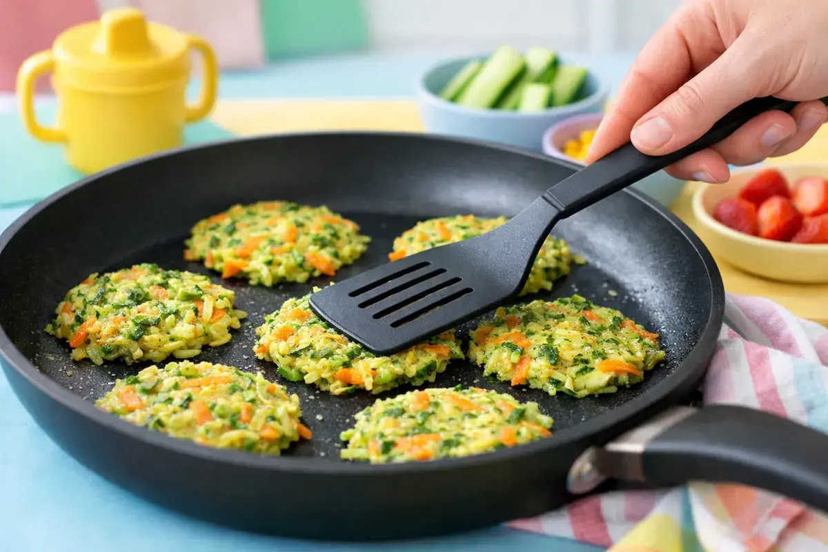 Step 4: Small mounds of green and orange veggie fritter batter being flattened with a spatula in a nonstick frying pan