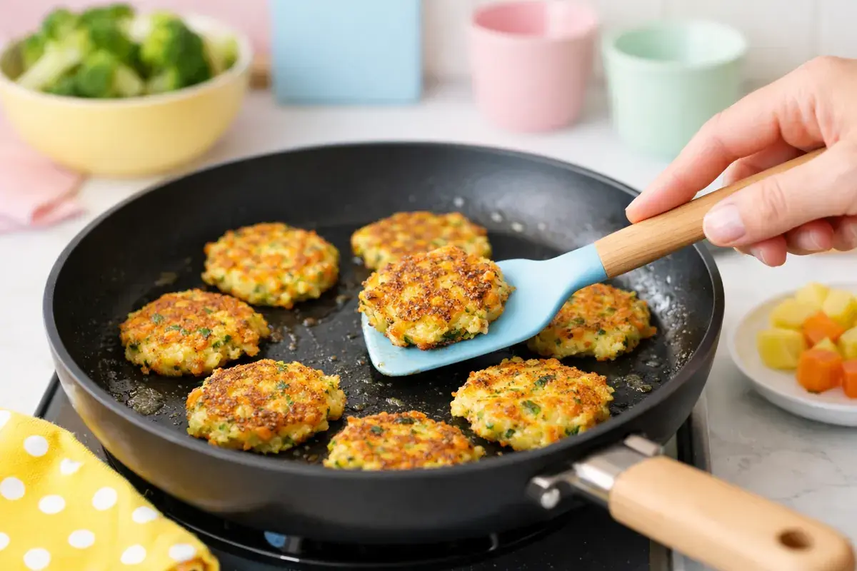 Step 5: Small golden zucchini and carrot fritters being flipped with a spatula in a frying pan