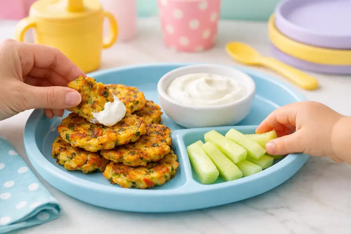 Zucchini & Carrot Fritters served on a toddler plate